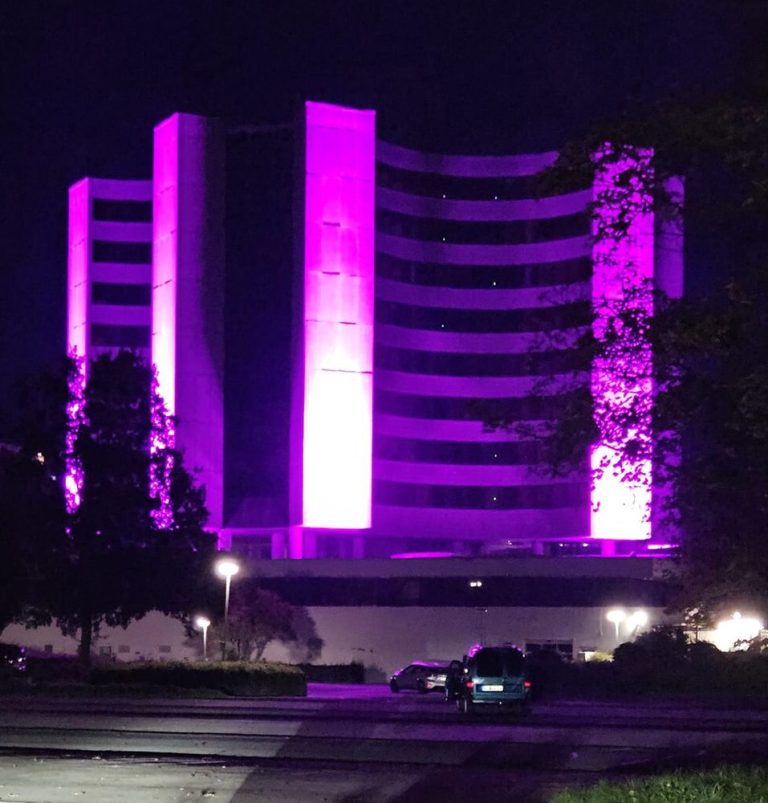 Kreishaus in Heide zum Pinktober pink beleuchtet Kreishaus in Heide zum Pinktober pink beleuchtet